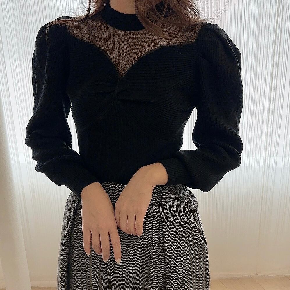 Dot sheer puff knit / black (4月中旬頃発送予定)