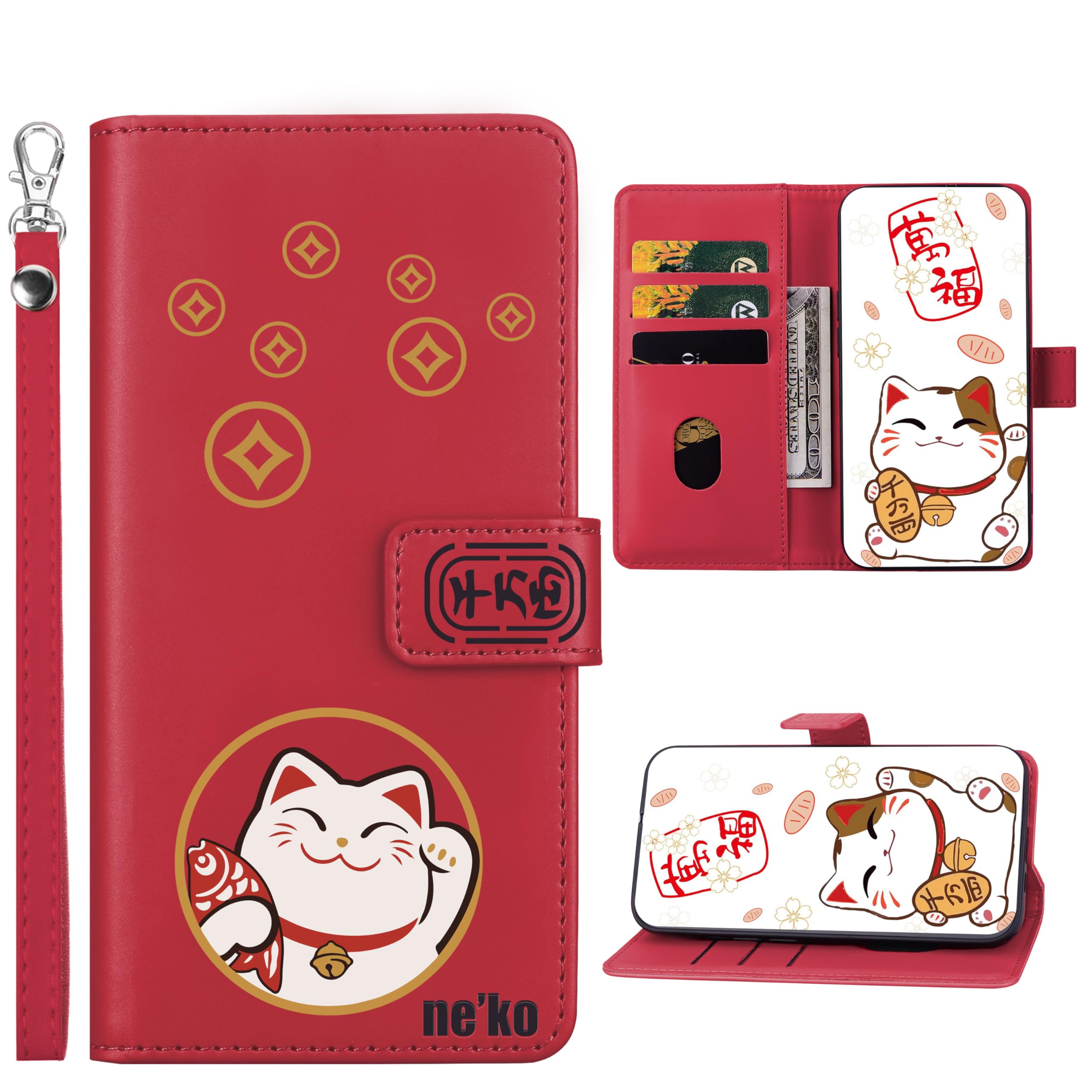 For iPhone SE3 ケース 手帳型 招き猫 幸運な猫 通用 iPhone SE2/iPhone 8/7/ 6 カバー 対応 iPhone SE 第3世代 スマホケース かわい高級PUレザー財布型 カード入れ収納 スタンド機能 マグネット式 耐衝撃 全面保護 リストストラップ付き(レッド)