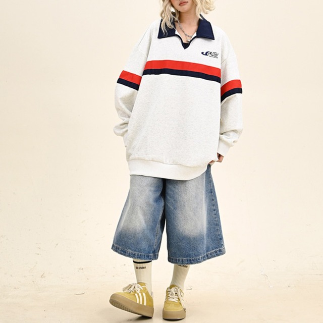 center color line polo sweatshirt　センター配色ラインポロスウェットシャツ　J0805