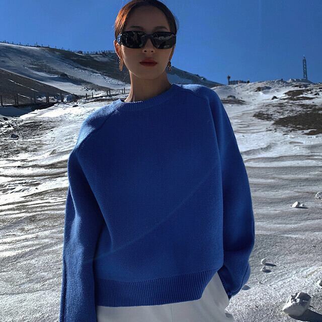 ニット レディース セーター トップス 秋冬 ゆったり ラウンドネック シンプル かっこいい おしゃれ 大人可愛い ベーシックブルー/グリーン/ブラック S/M/L