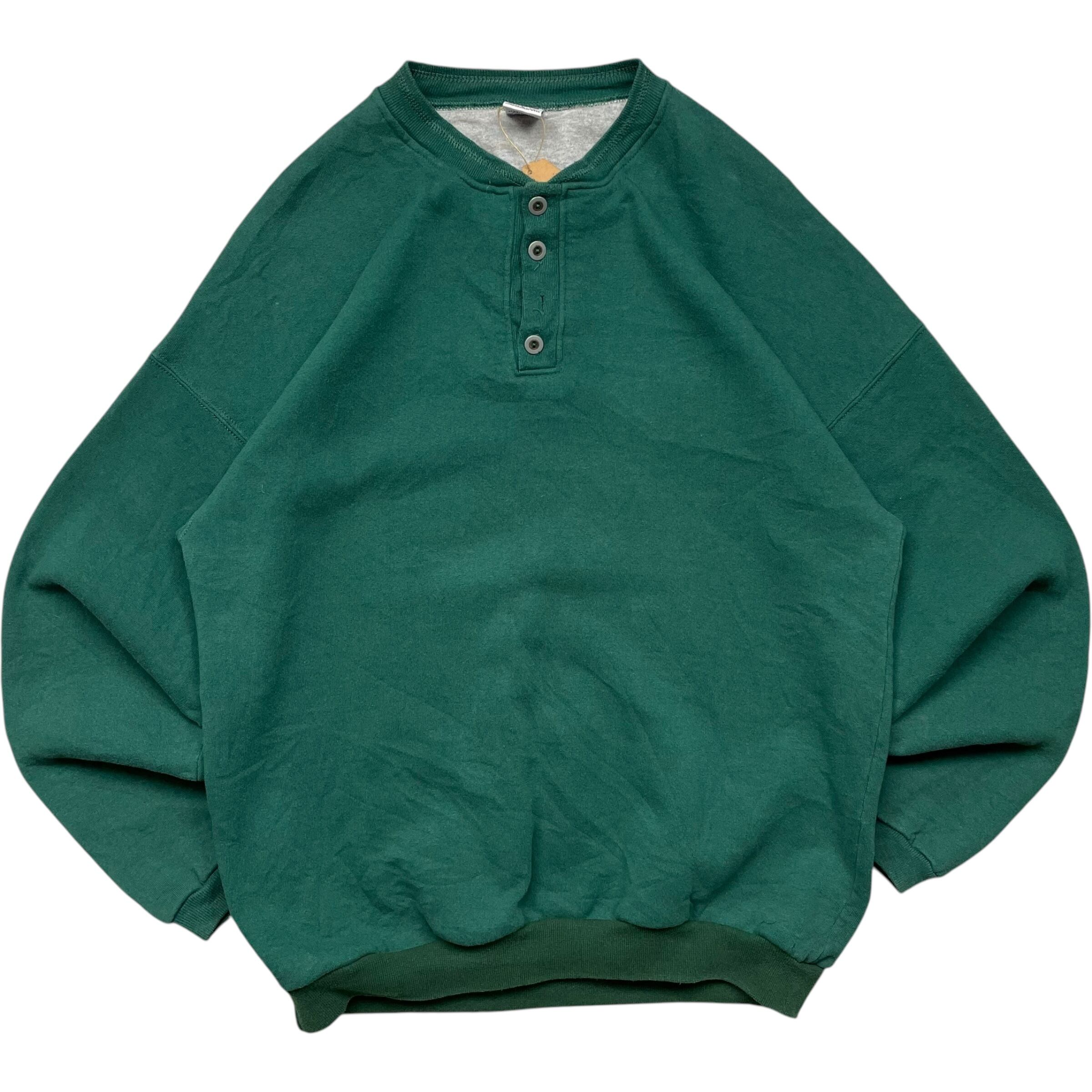 《L》russell athletic ラッセルアスレチック スウェット 無地 ハーフボタン グリーン ボタン損壊 USA製 90年代 vintage no.6194