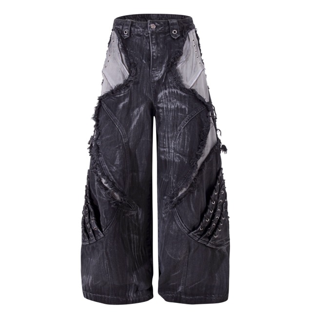 Ripped design loose denim pants 0014