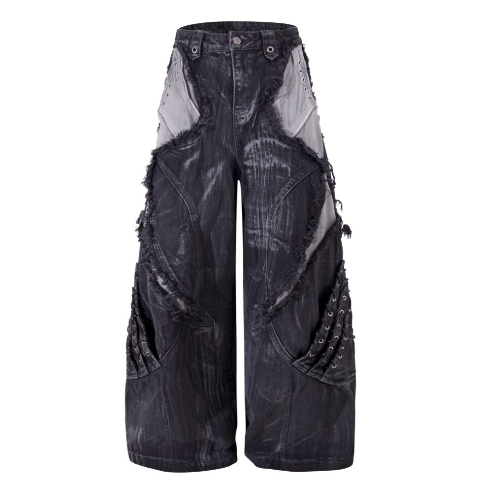 Ripped design loose denim pants 0014