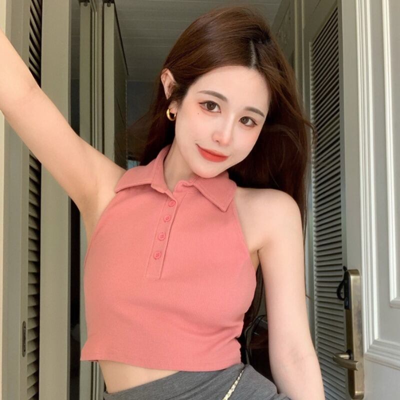 スタンダードホルターニットサマーショートシャツ トップス レトロ 夏物 YY-ファッション83515965483