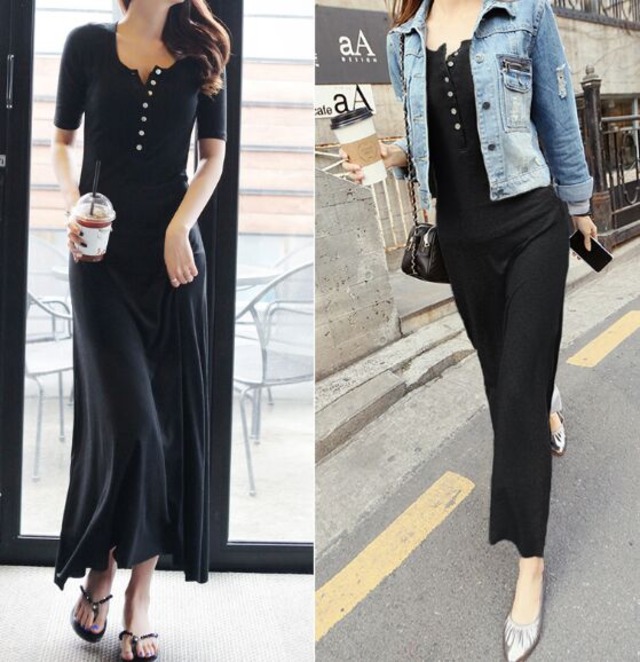 レディースワンピース ミモレ丈 ワンピース 袖有 無地 ロング ボタン飾り 旅行ワンピース カジュアル Cn0581 ワンピの里