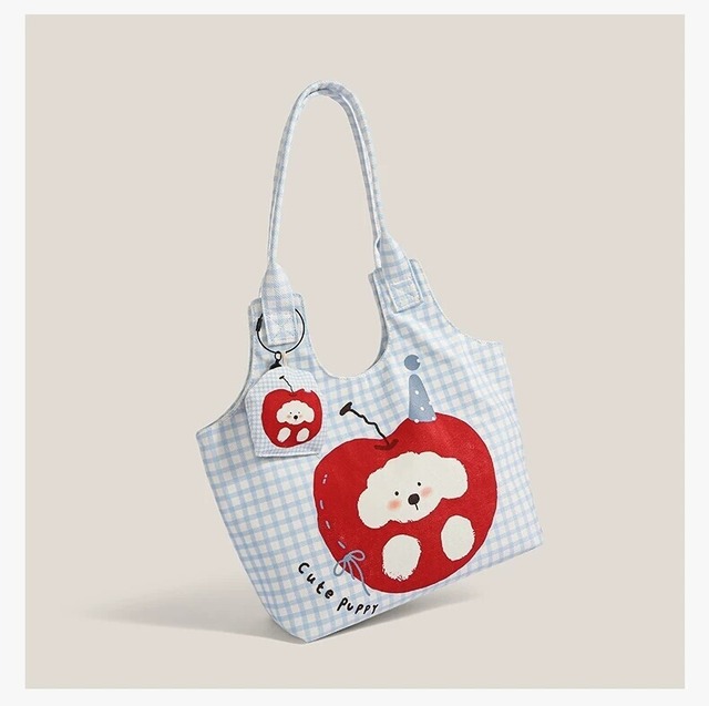 【かわいい・大容量】チェック柄 アップル＆ワンちゃんプリント キャンバストートバッグ ｜ 通学・通勤に◎ マチたっぷり ショルダーバッグ