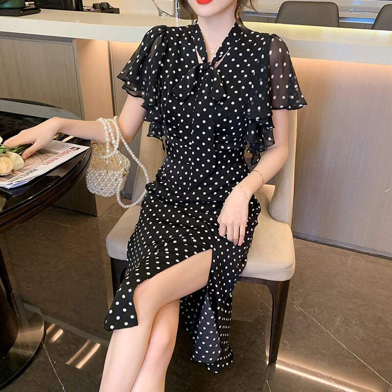 ワンピース 水玉 フィッシュテール ドット柄 ロングワンピース ペプラム ホワイト ブラック S M L Xl Dresszone ワンピース 水玉 フィッシュテール ドット柄 ロングワンピース ペプラム ホワイト ブラック S M L Xl Dresszone