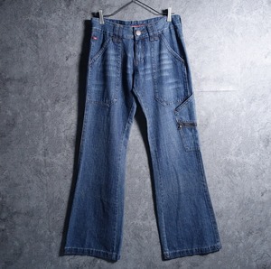 Indigo blue zip pocket design flare denim pants