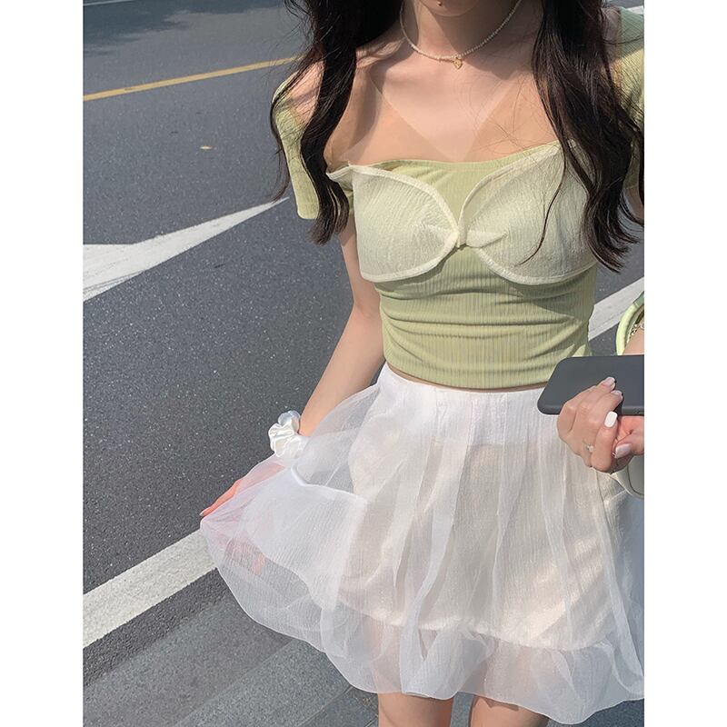 カラーTシャツ サマー薄手ショートスリムグリーントップス 夏物 スクウェア ブラックストロベリース30344621491