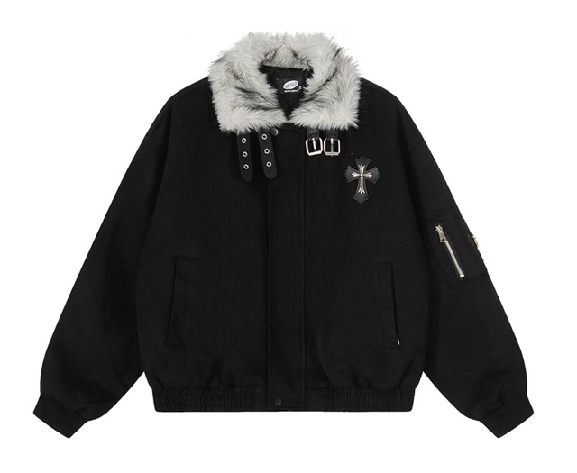 Stand collar button fur collar jacket 0005