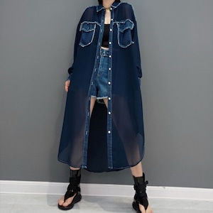 DENIM TRIMMED LONG SHEER SHIRT DRESS 2colors M-4192