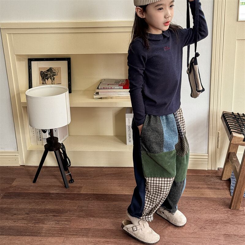 取寄》 パッチワーク風ツギハギパンツ （ブルー／グリーン） ADBB 2024