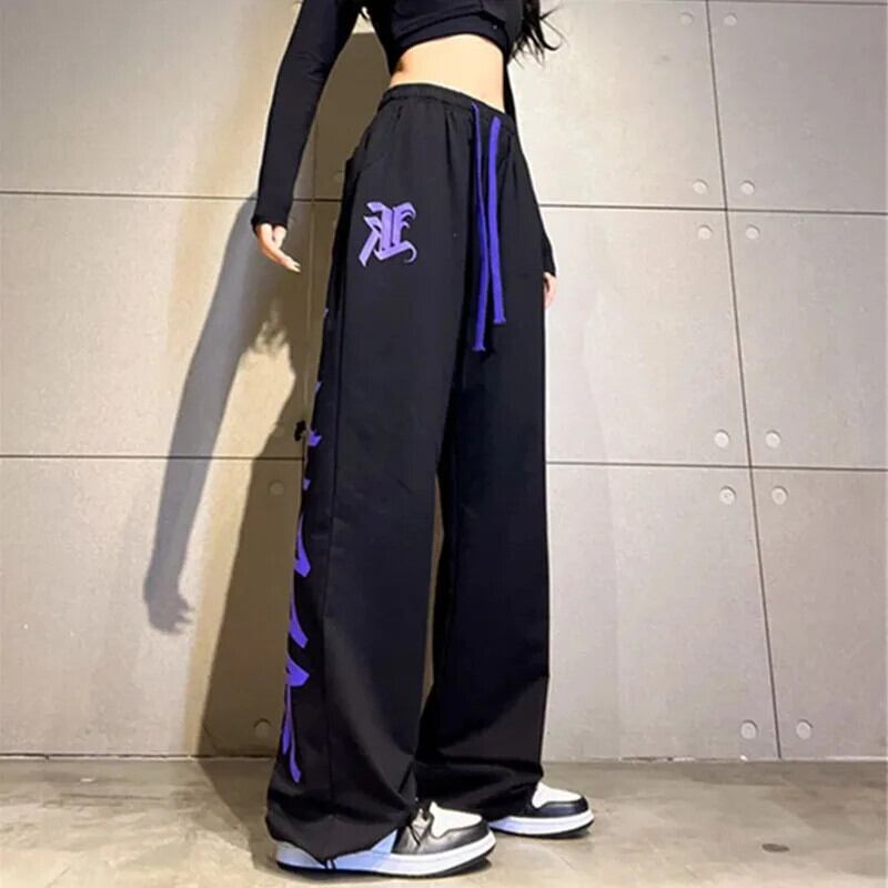 女性 Y2K ストリート黒ジョギングスウェットパンツ原宿落書きプリント