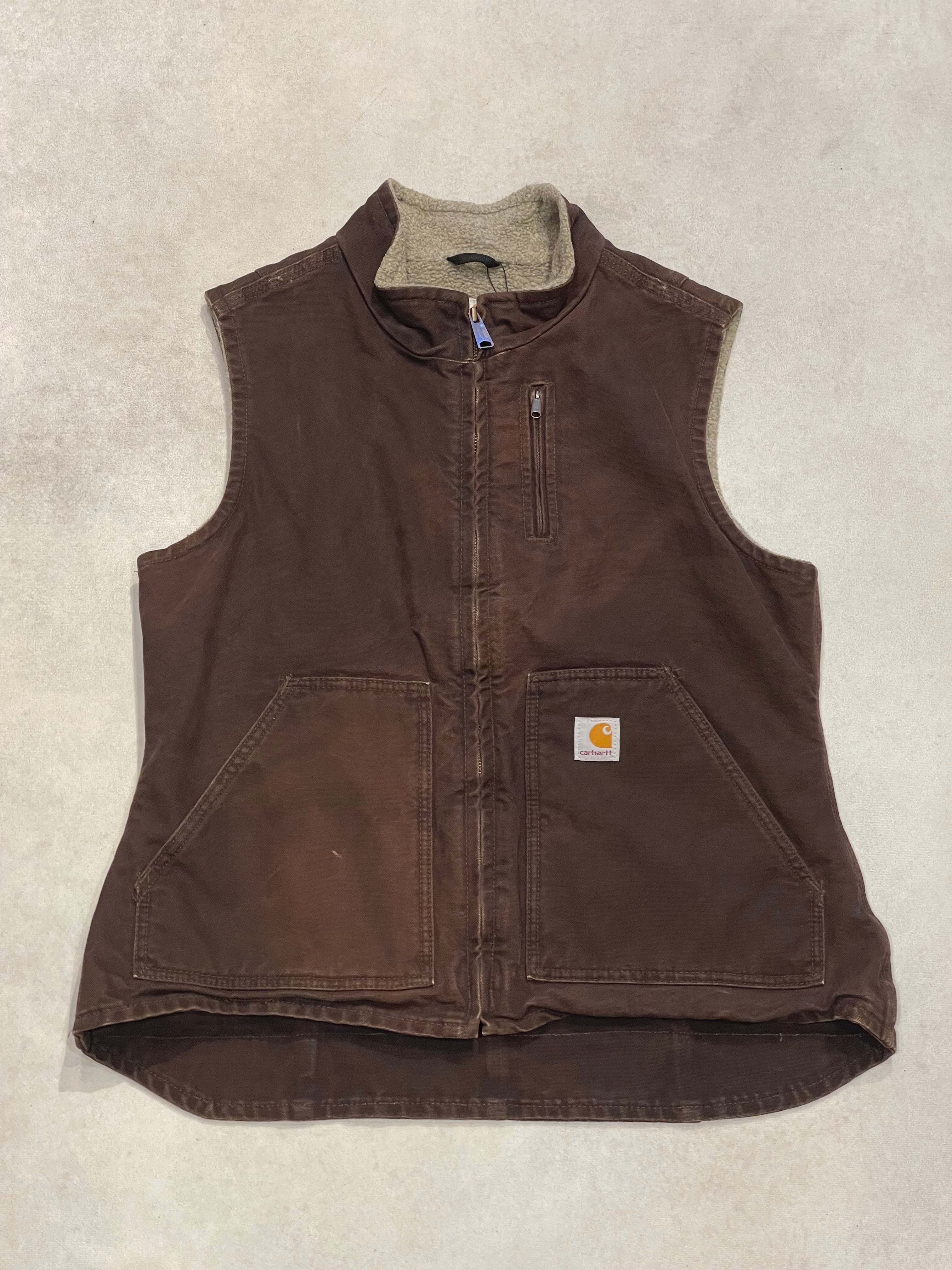 【H】カーハート 裏ボア ダック地 ベスト ブラウン系 M Carhartt duck vest 】カーハート ダック地ベスト 裏ボア フルジップ