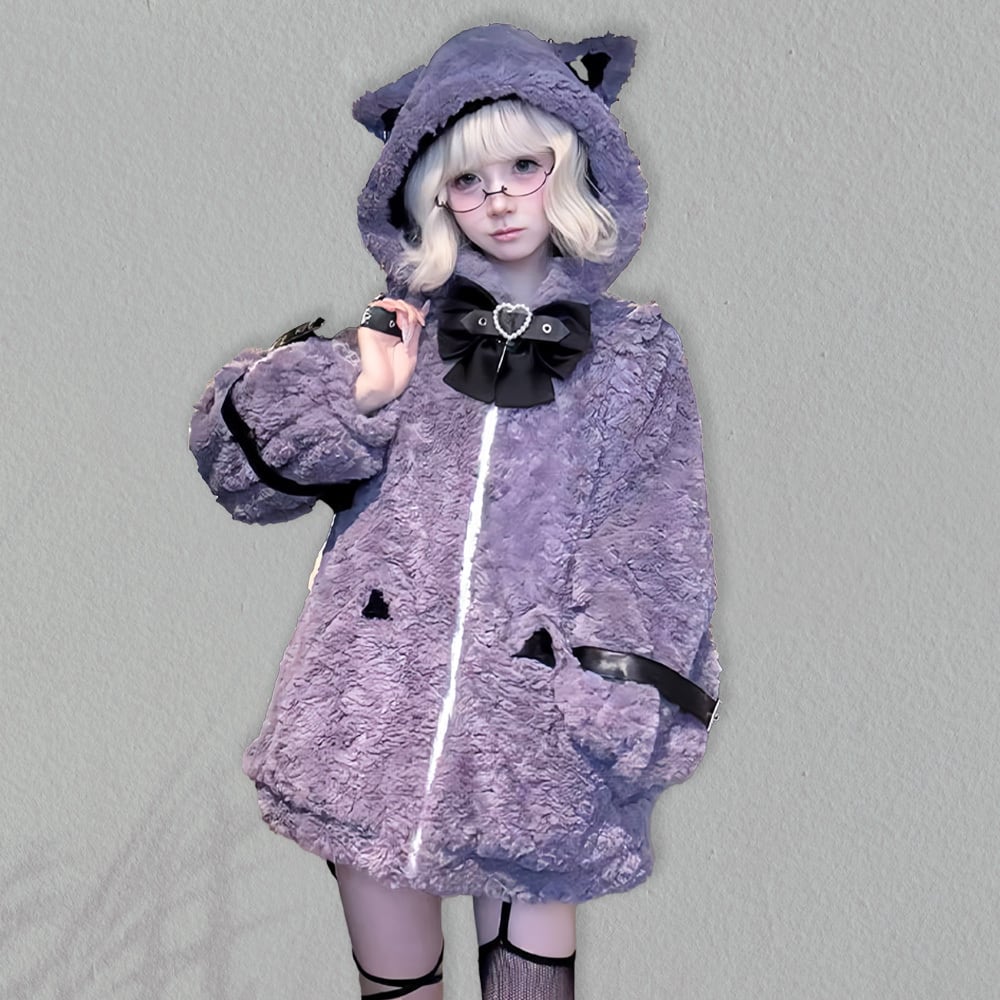 地雷系 猫耳もこもこブルゾンパーカー ファーパーカー フリース サブカル 量産 Myurina 猫耳もこもこファーブルゾン 地雷系アウター フリースパーカー