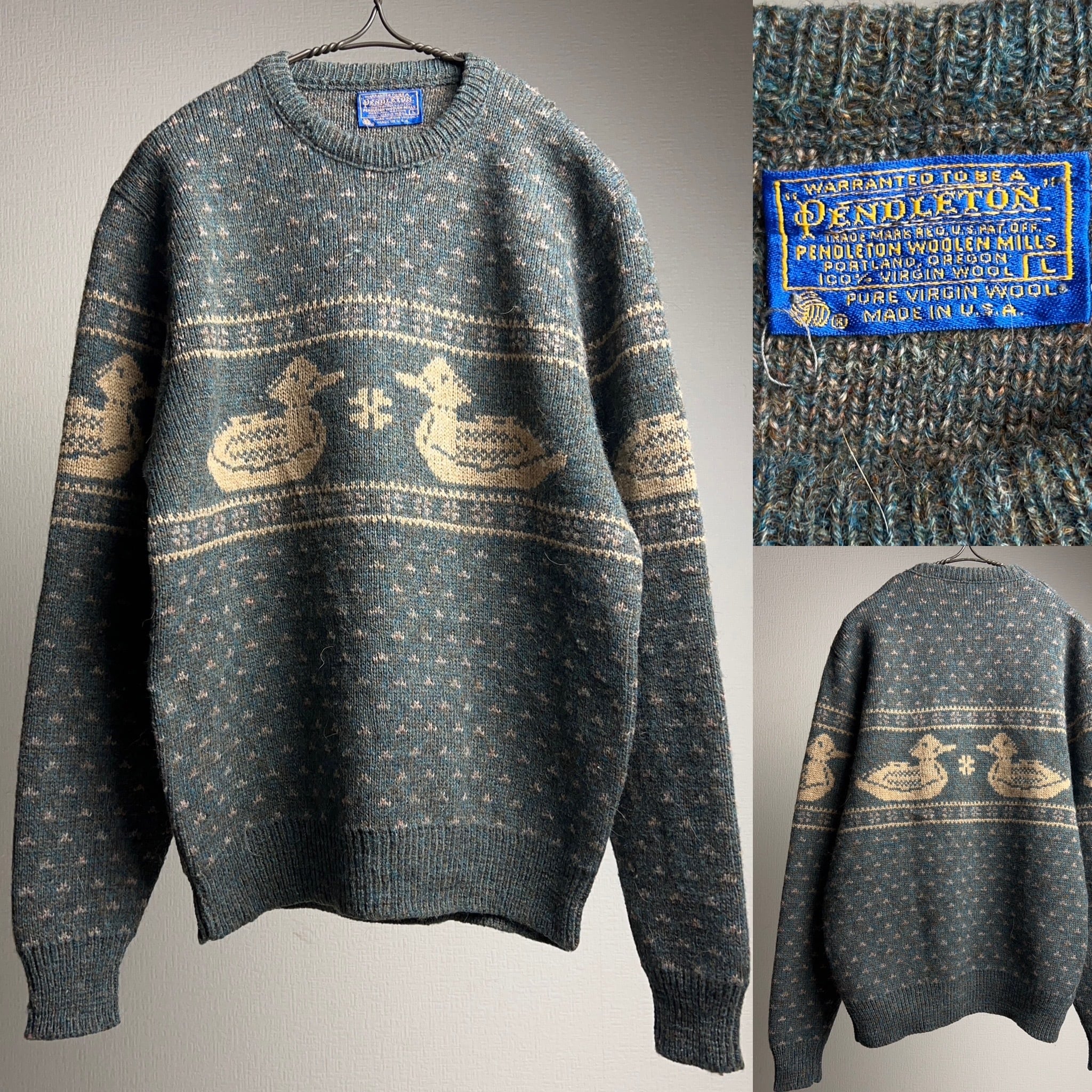 70's~80's PENDLETON Wool Knit Sweater USA製 SIZE L 70年代 80年代 ペンドルトン 総柄  ウールニット セーター ノルディック カモ 【1000A78】