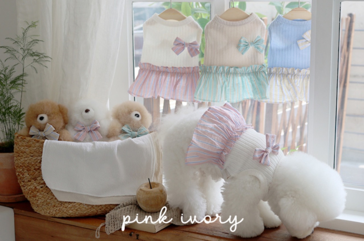 即納【near by us】Ribbon kniｔtop ピンクアイボリー