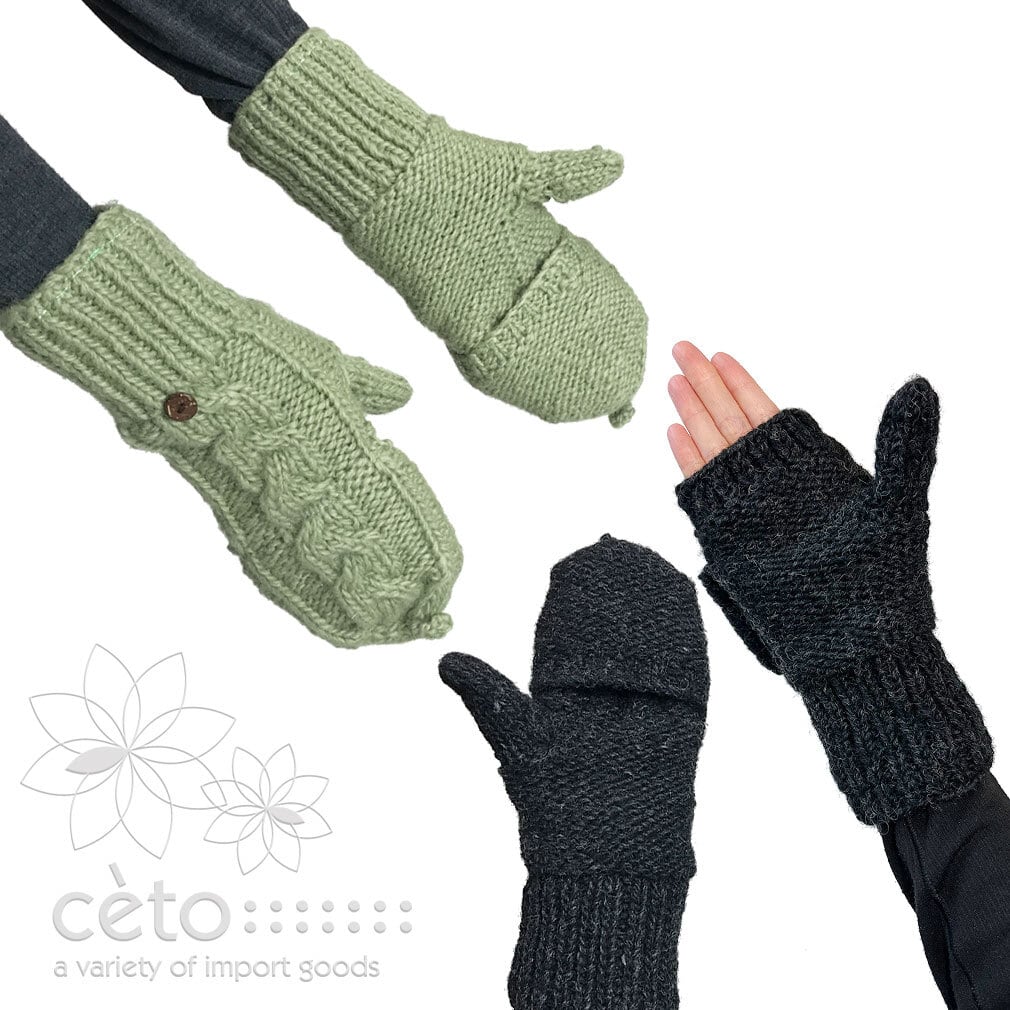 手袋 ミトン 2WAY ネパールウール フリース裏地付き ケーブル編み 6