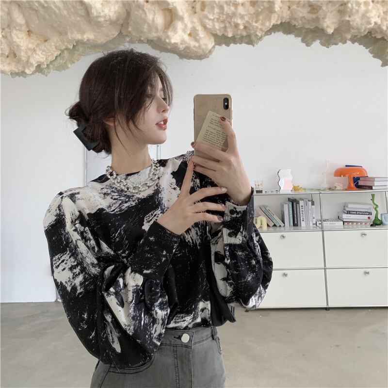 インクプリントラウンドネックブラックシャツレディース秋のレトロ香港スタイル長袖プルオーバーシャツデザインニッチトップ ブラックストロベリース56939714002