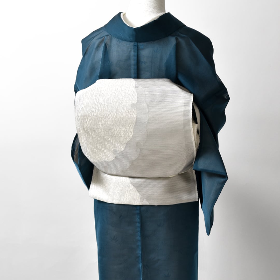 袋帯　オフホワイト　グレー　珊瑚色　グリーン　波　膨れ織り　B988 美品】 袋帯 秀品 お太鼓柄 正絹 【中古】の通販 by バイセル ラクマ店
