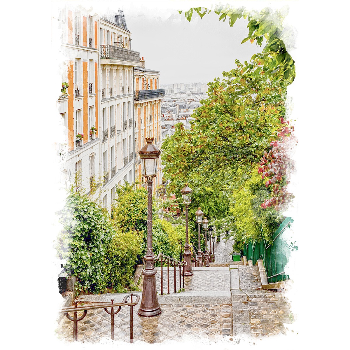 絵画 風景画(街並み) フランス パリ モンマルトルの階段 インテリア 