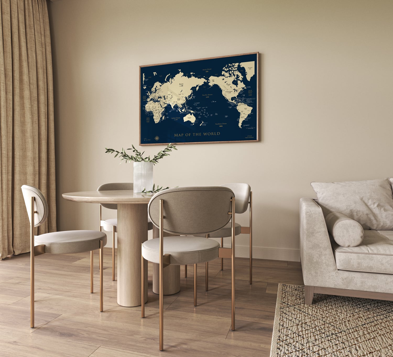 ネイビー版【英語＆日本語表記】木目調のおしゃれな世界地図ポスターA1
