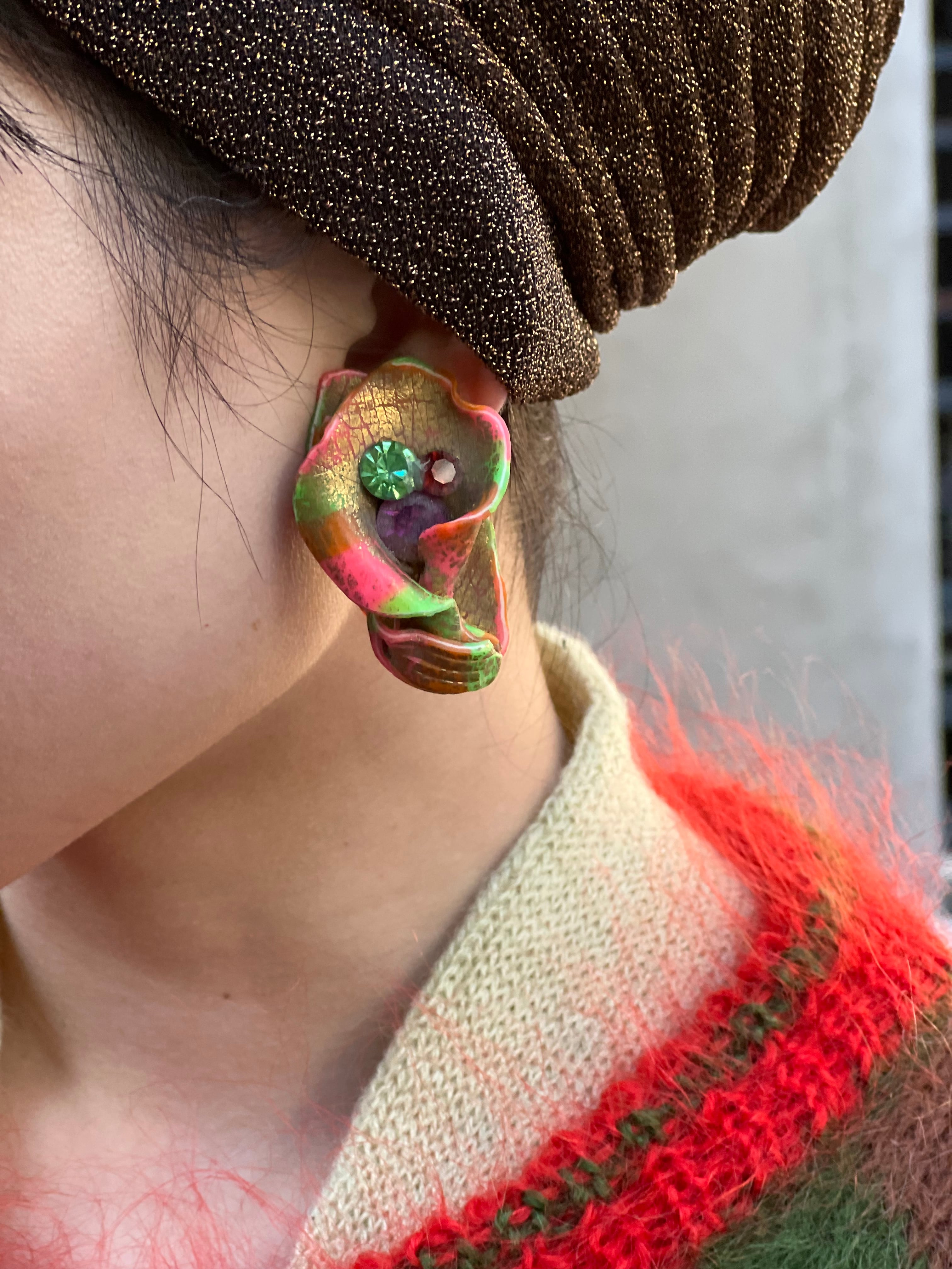 80s handmade flower ×  bijou earrings ( ヴィンテージ ハンドメイド フラワー × ビジュー イヤリング )