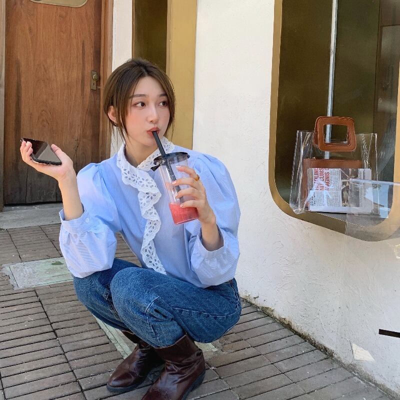 シャツ スリーブスプリングレーストップス ロング 春物 ステッチ ブラックストロベリース3285214607