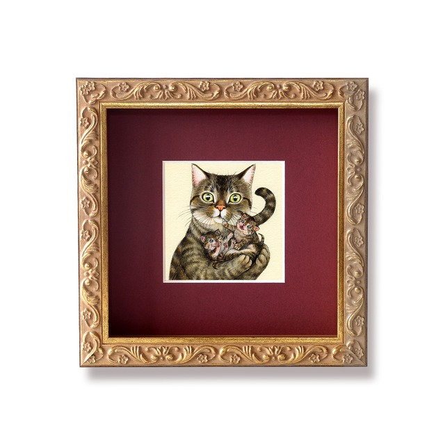 キジトラの母と子猫 原画 / Mother Cat and Kittens Original Artwork