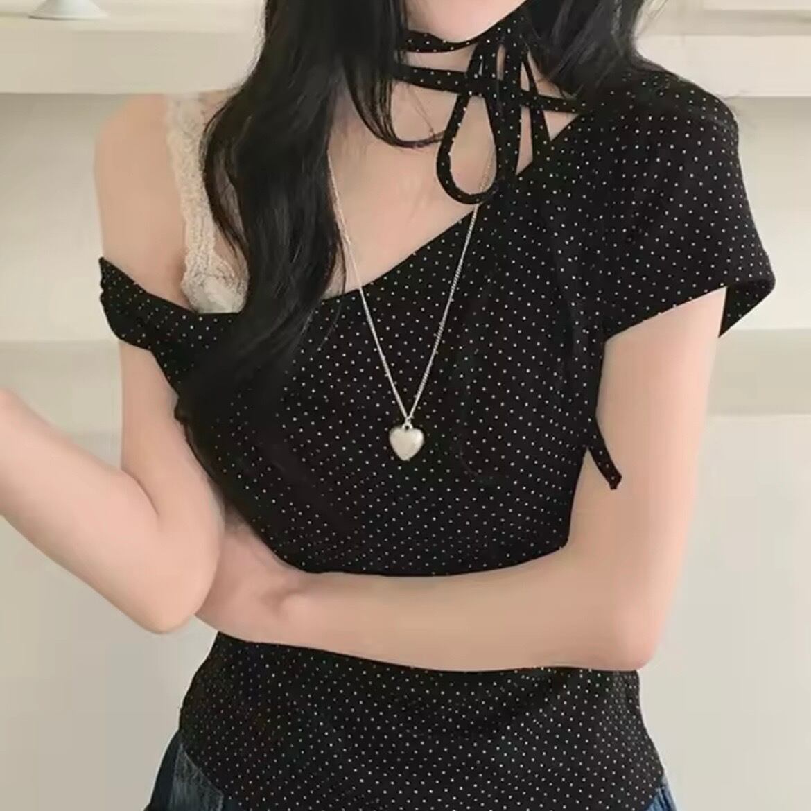 polka dot ribbon one shoulder tops