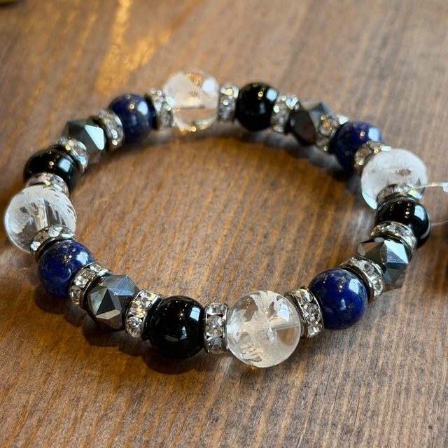 【四神の守りと心身の調和】水晶×モリオン×ラピスラズリ×テラヘルツ デザインブレスレット 約8～12mm【BR8142】SK