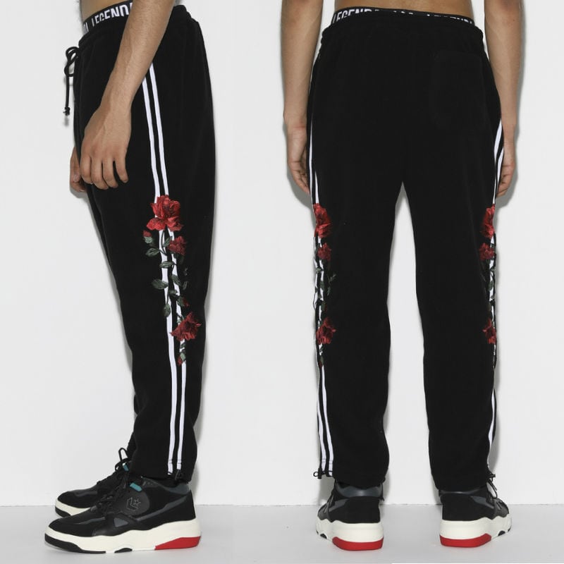 LEGENDA レジェンダ Rose Embroidery Side line Fleese Pants フリース ラインパンツ メンズ カジュアル ストリート 薔薇 ばら ローズ 刺繍 ジャージパンツ 50％OFF】LEGENDA【レジェンダ】Rose Embroidery Side line Fleese