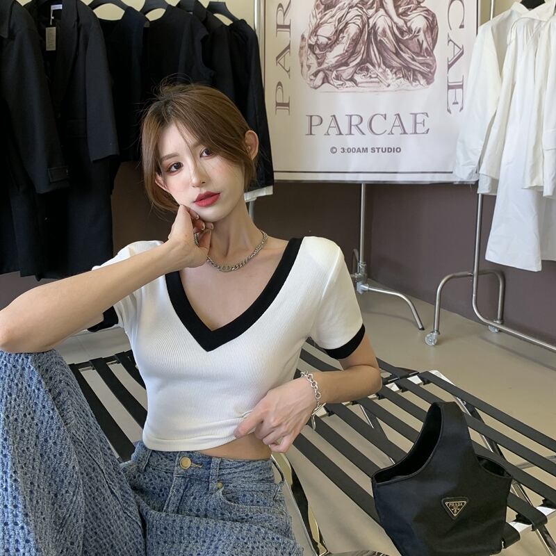 ウェストカラーショートサマー 夏物 Vネック Tシャツ ガールズファッション46967050903