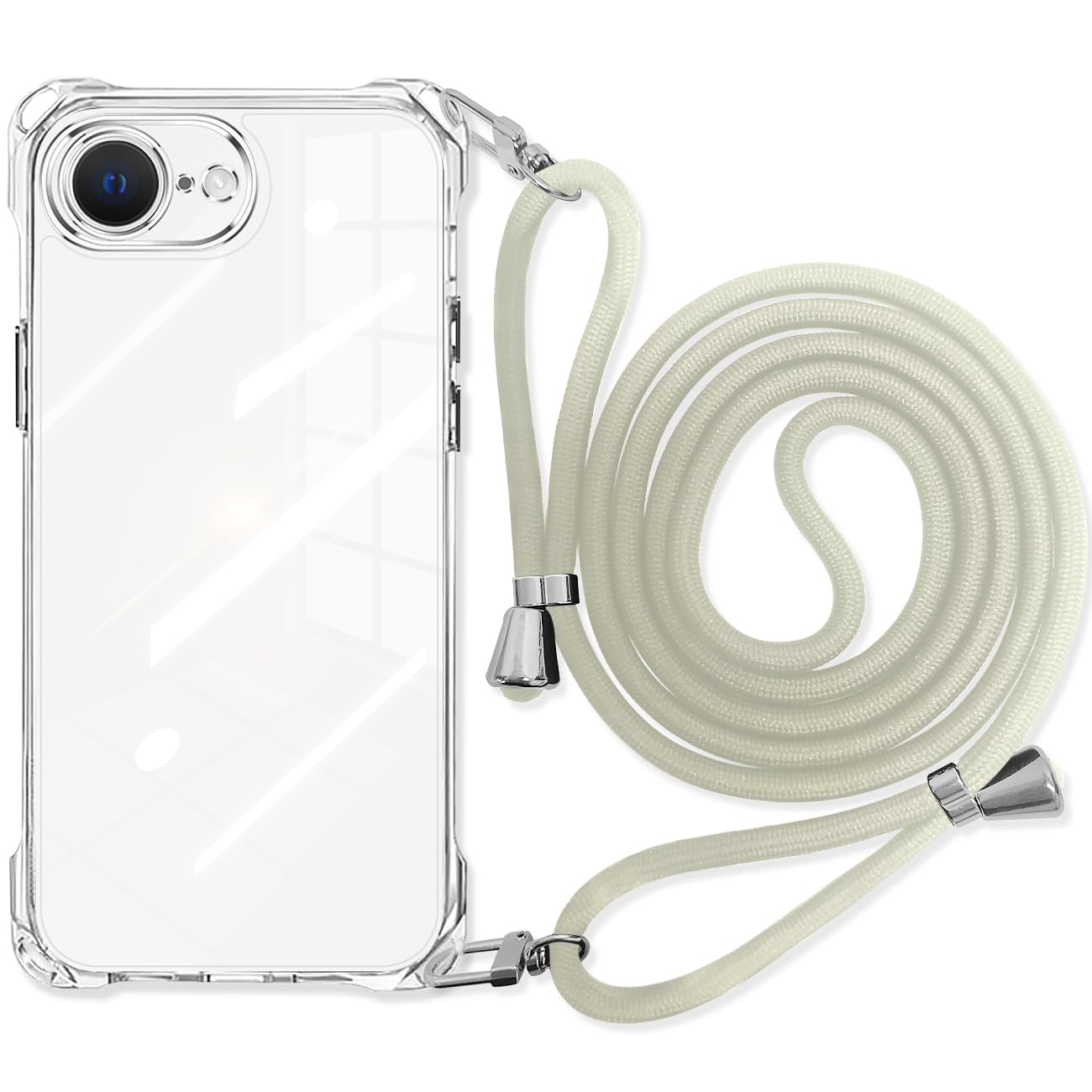 danliangqifei iPhone 17e/16e 用の ケース クリア 肩掛け斜めかけ 首掛け縄掛け アイフォン17e スマホケース ショルダー 透明 バンパーカバー 耐衝撃 ワイヤレス充電対応 斜めがけ 縄掛け 長さ調整可能 薄型 落下防止 縦/横 紛失防止 いPhone16e カバー 可愛い(ホワイト)