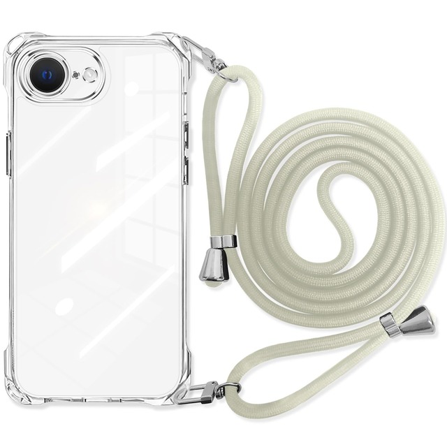 danliangqifei iPhone 17e/16e 用の ケース クリア 肩掛け斜めかけ 首掛け縄掛け アイフォン17e スマホケース ショルダー 透明 バンパーカバー 耐衝撃 ワイヤレス充電対応 斜めがけ 縄掛け 長さ調整可能 薄型 落下防止 縦/横 紛失防止 いPhone16e カバー 可愛い(ホワイト)