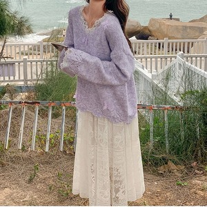 リボンモチーフVネックニット&総レーススカートセット 00366