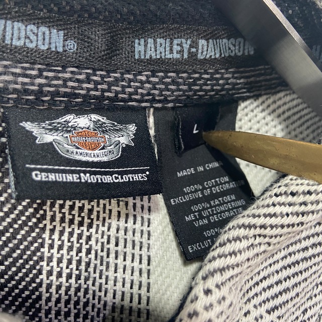 Harley davidson ヘビーネルシャツ L チェック柄 黒 白 グレー