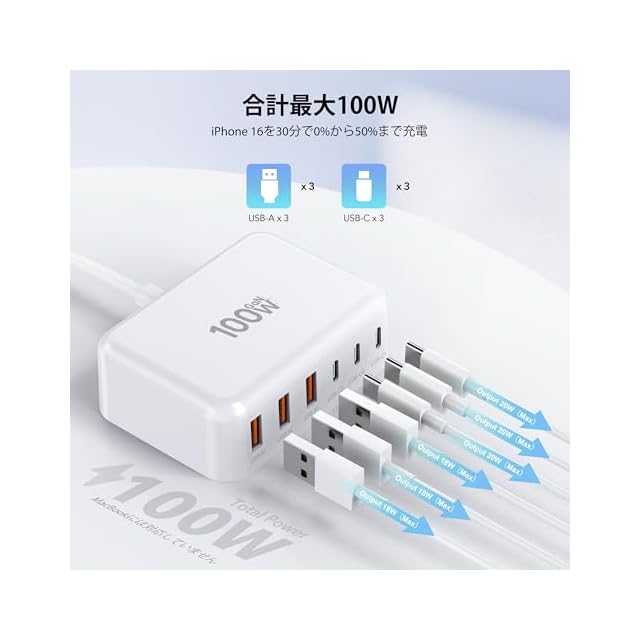6ポート iPhone 16 急速充電器 USB コンセント ACアダプター PD 20W