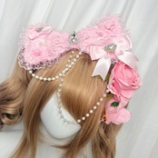 ♡ 姫GAL 薔薇付き パールチェーン＆ビジューティアラ ダブルリボンヘアクリップ pink ♡