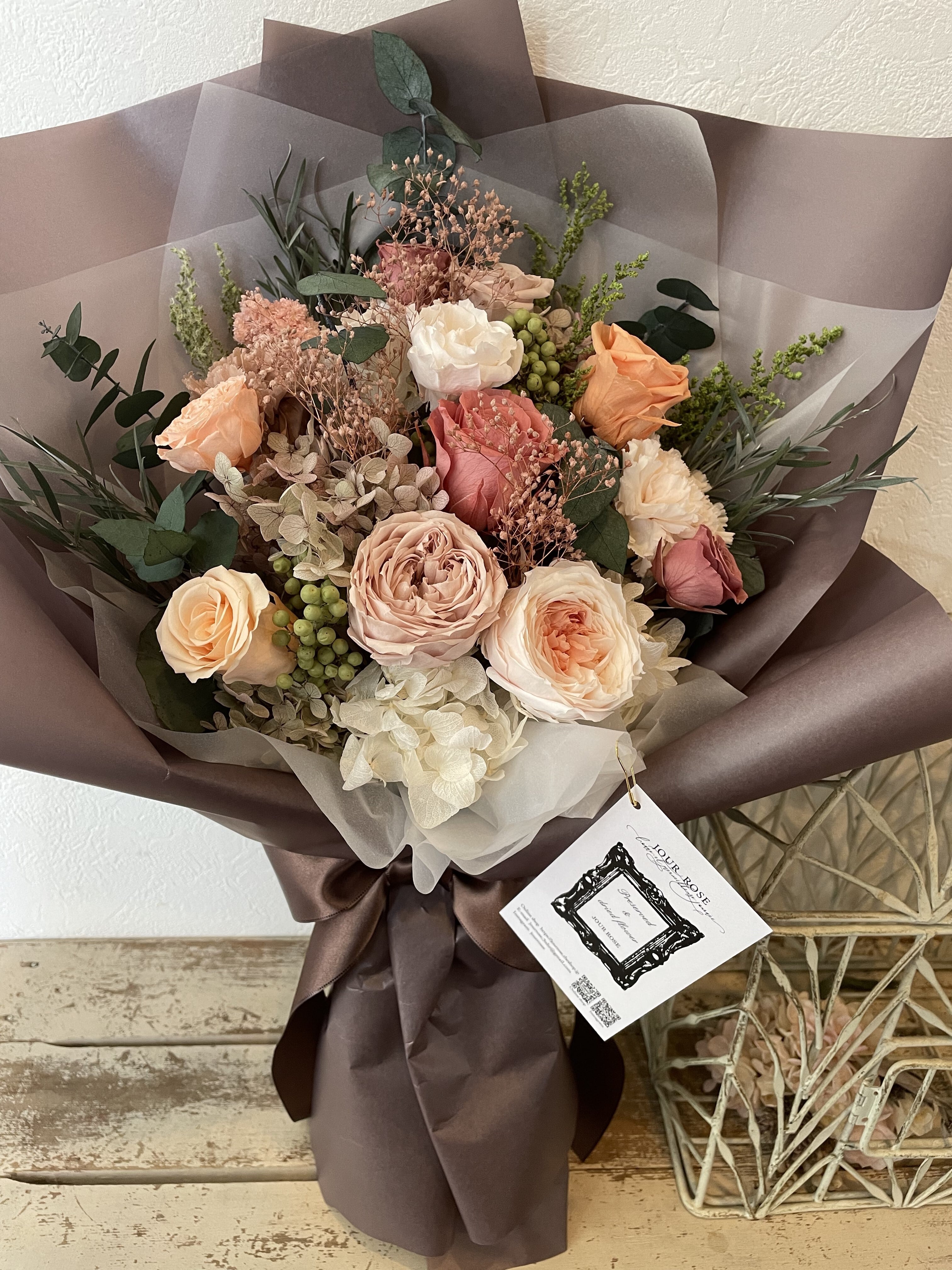 プリザーブドフラワー ブーケ ベージュ系 ウェディングブーケ】プリザーブドフラワー ピンクベージュ ラベンダー