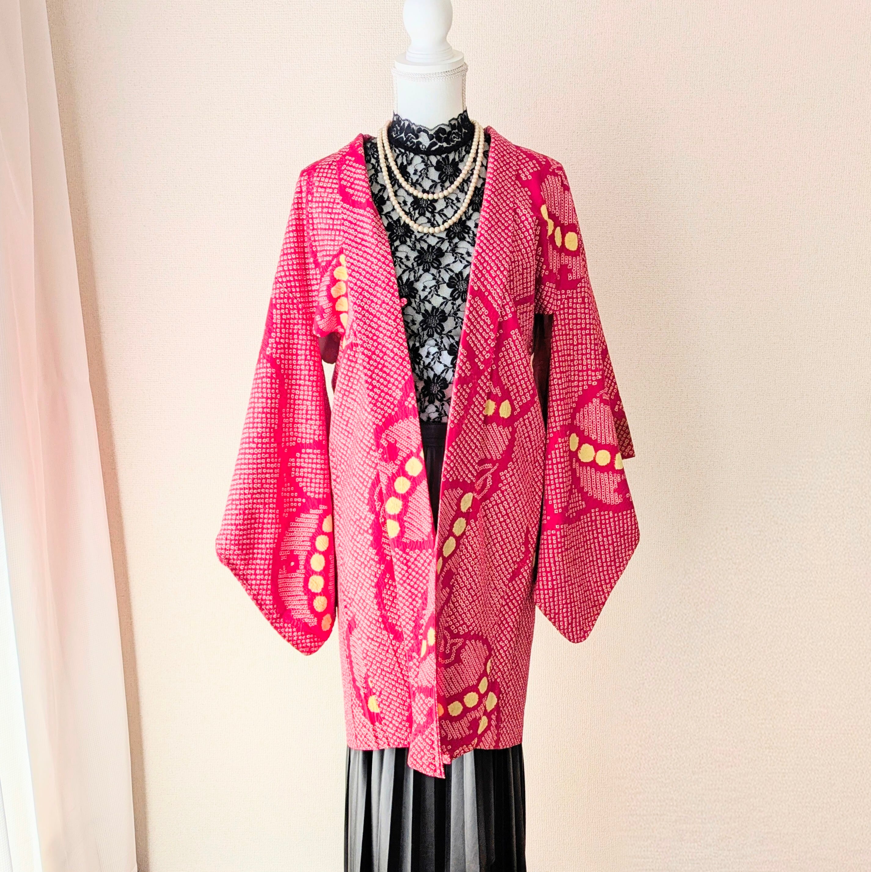 Vintage】HAORI 羽織 正絹 総絞り 赤 黄 鈴柄 大正浪漫 古布 時代布
