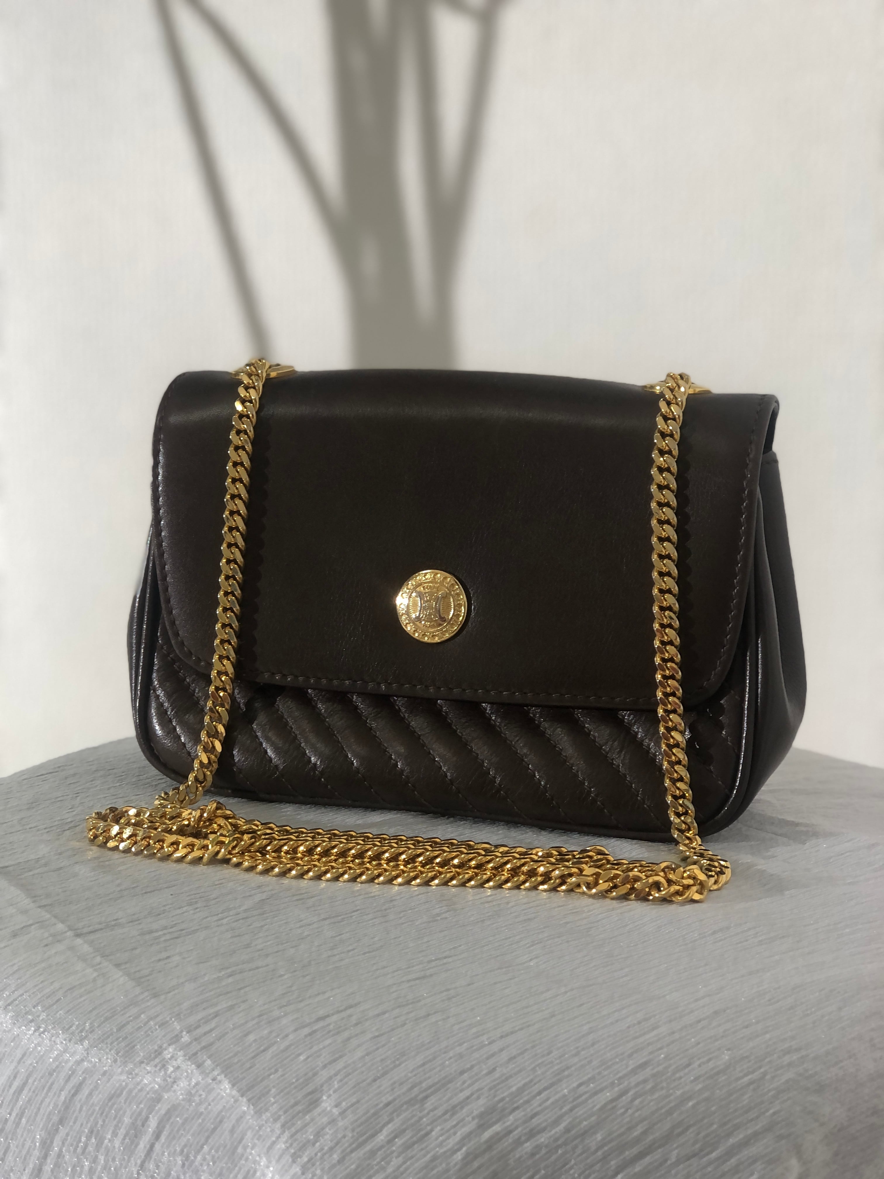 CELINE セリーヌ ブラゾン ステッチ レザー チェーンショルダー ショルダーバッグ ブラウン vintage ヴィンテージ オールド mtpd8v