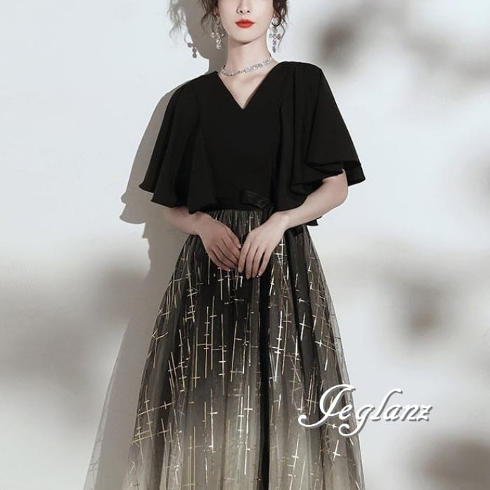 パーティ ドレス 切替 レース グラデーション 5分袖 ロング/イブニング (M8886)ζ