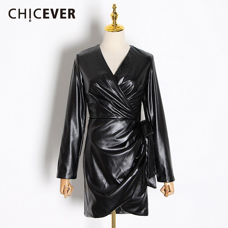 CHICEVERシャーリングレディースドレスVネック長袖ウエストレースアップイレギュラードレス2020タイド ロング 6base584280630033