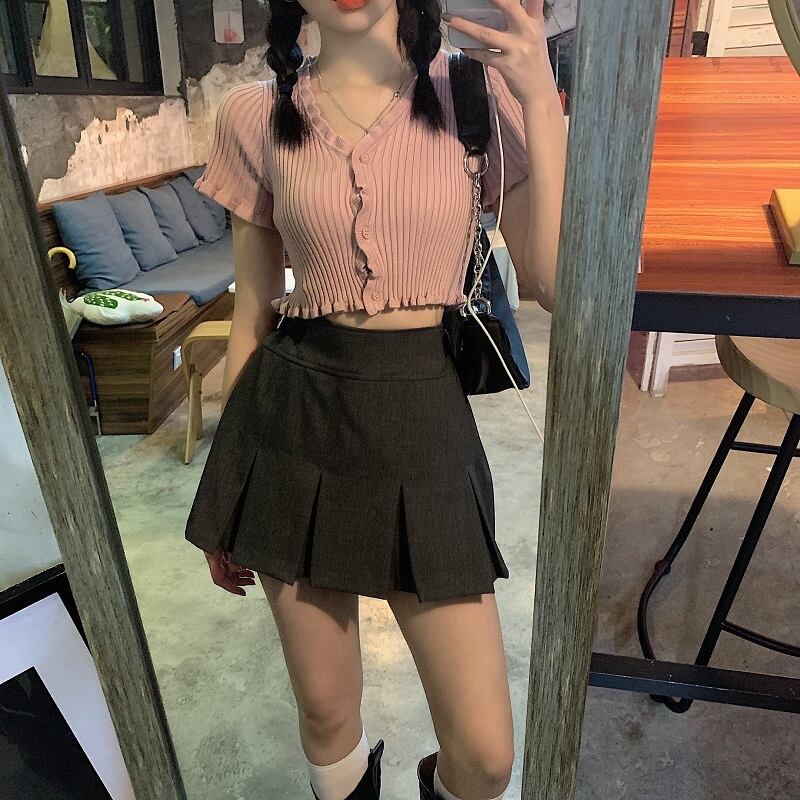 レザーショートニットセーター レディースサマープリーツベルト バックルスカート 夏物 ハーネス ドラファッションホール40297478757