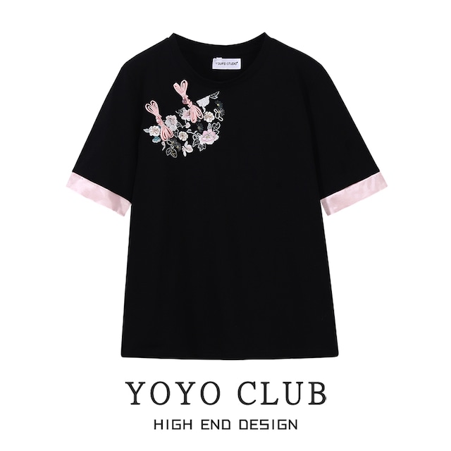 【YOYO CLUBシリーズ】★チャイナ風トップス★ Tシャツ 半袖 刺繍 ブラック 黒い レトロ 可愛い レディース
