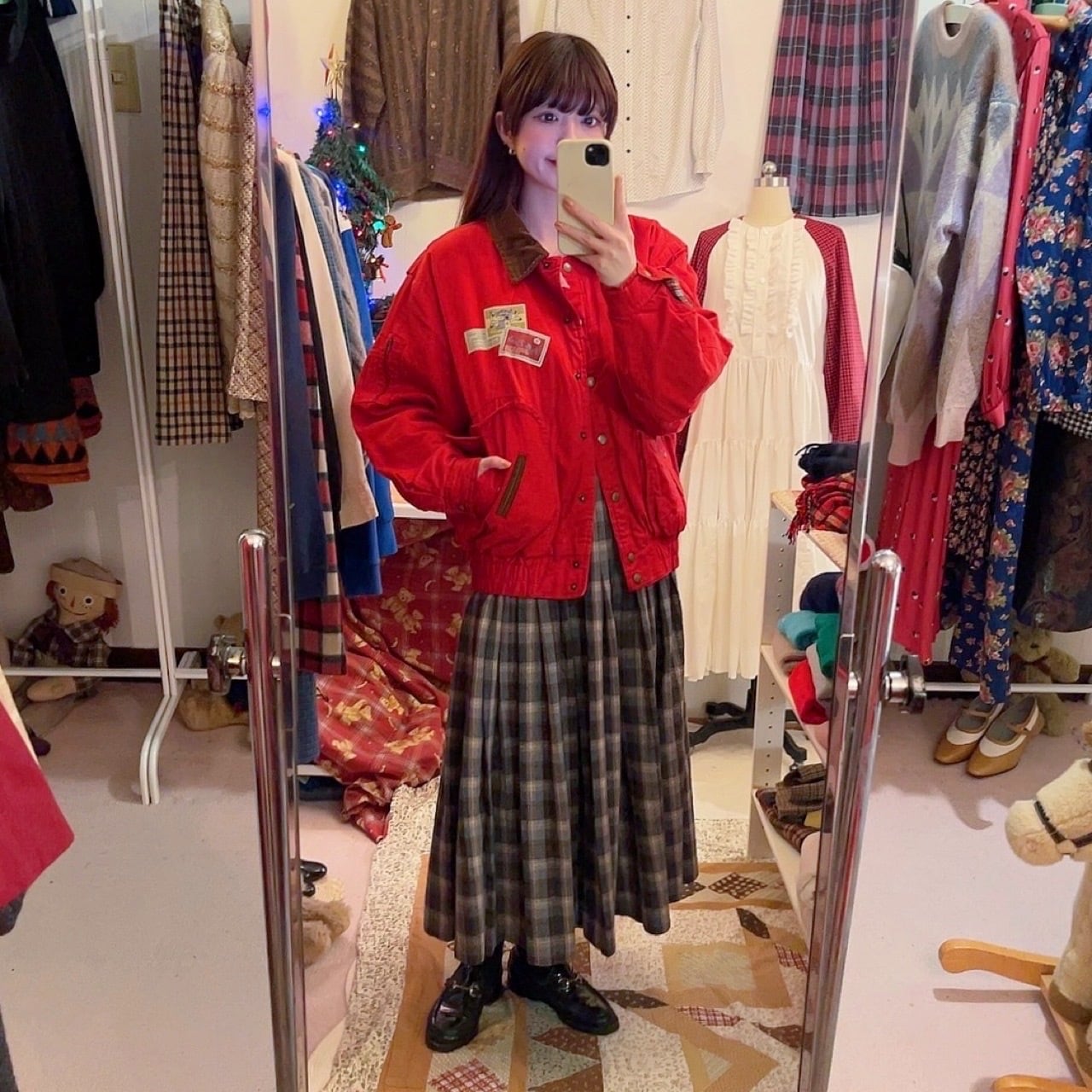 corduroy collar check liner red blouson