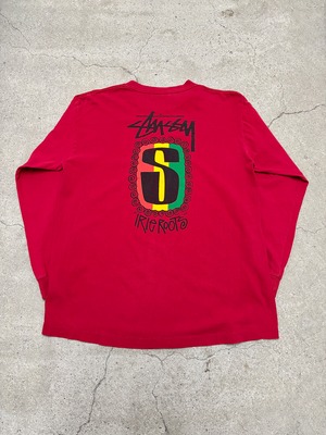 80～90s OLD STUSSY/IRIE ROOTS L/S Tee /USA製/黒タグ/L/SロゴプリントロンT/長袖Ｔシャツ/ストックロゴ/ラスタ/レッド/ステューシー/オ－ルドステューシー