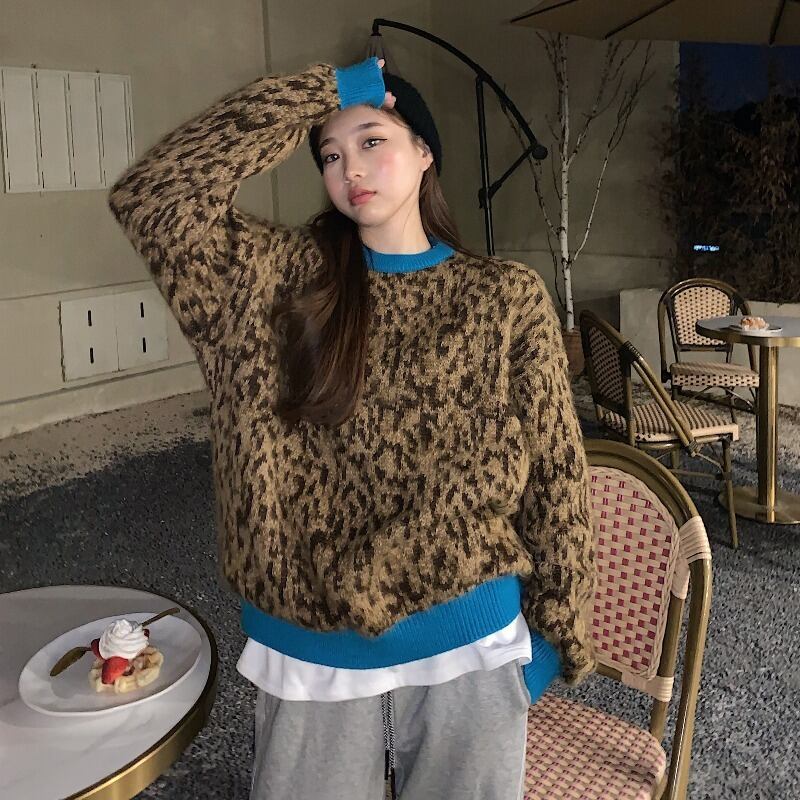 レオパードプリント柄セーター レディーススタイルルーズニット スタンダードジャケット トップス レトロ オータム 秋物 ウィンター 冬物 ブラックストロベリース56099009015