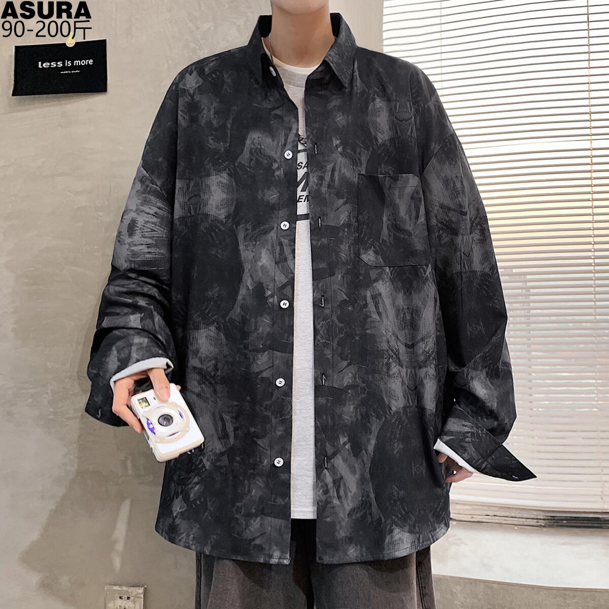 迷彩柄薄手カジュアルシャツ ルーズスプリング ロング 大きめサイズ 春物 ビーチ シルク ASURAプラスサイズメンズ55651755047